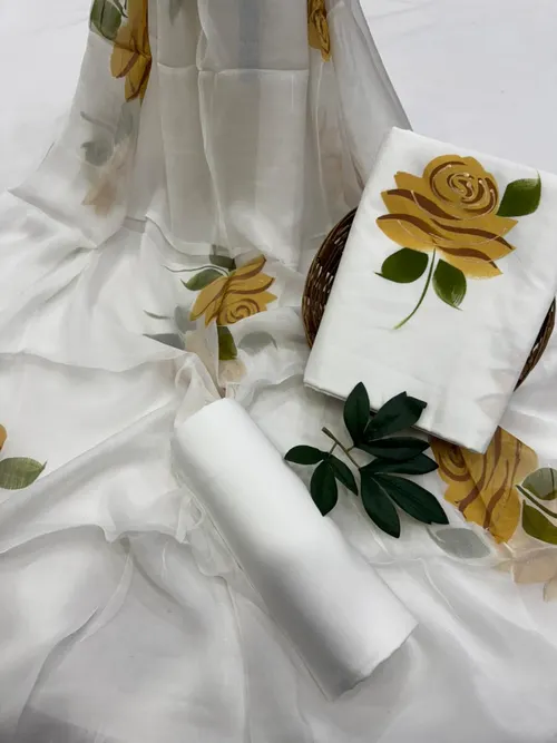 Hand-Painted Cotton Suit Set with Flowing Chiffon Dupatta